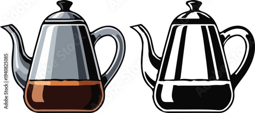 Stainless Steel Pour Over Coffee Kettle Vector, Sleek goose-neck kettle used for precision pouring in manual coffee brewing, featuring color and black-and-white versions