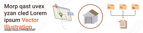 Navigation, real estate, file management, data organization, location tracking, information . Icons include a map, house and folders with documents. Navigation and file management concepts