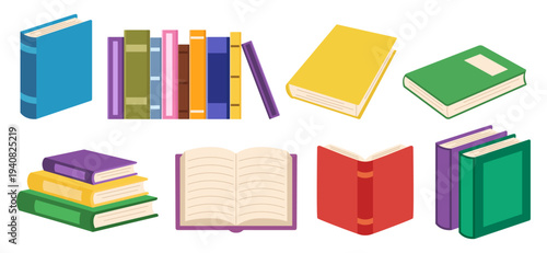 Set of books in various positions open closed and stacked