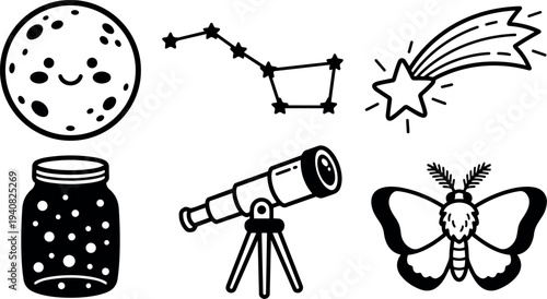 Whimsical kids doodle close up set of smiling moon, big dipper, shooting star, jar of stars, telescope and moth icons vector