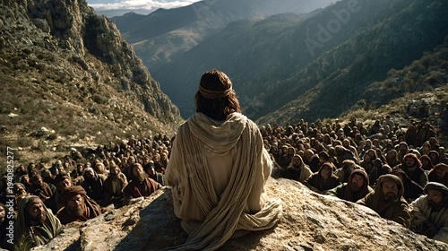 Jesus seated on a rock teaching a large crowd on a mountainside, delivering the sermon on the mount in a solemn, historical biblical outdoor scene with disciples listening