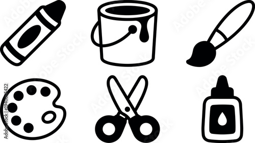 Line art flat vector icons of six art supplies showing crayon paint can brush palette scissors and glue top view