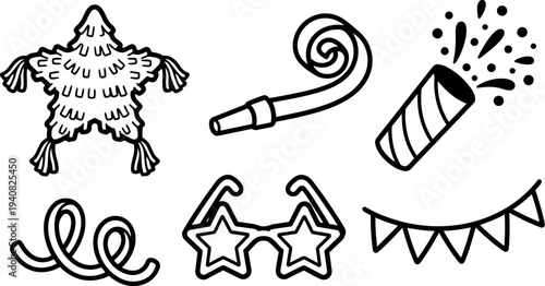 Hand drawn line art party icons close up pinata, blower, confetti popper, streamers, star glasses and bunting black and white vector