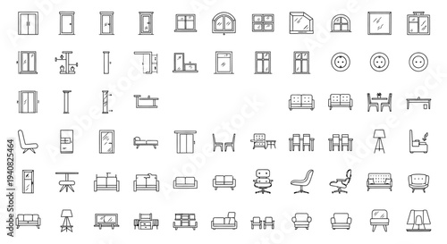 line art icon set featuring architectural elements furniture and electrical outlets for interior design and home planning.