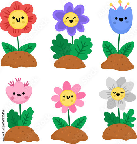 Vector smiling kawaii flowers set. Garden blooming plant on ground collection. Cute park florals clipart pack. Growing greenery with leaves isolated on white background. Flat spring illustration