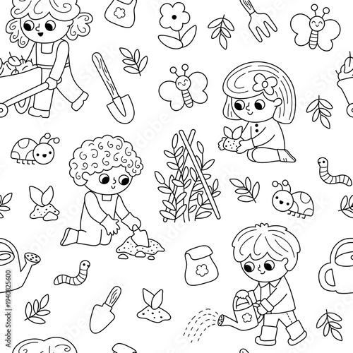 Vector black and white garden seamless pattern. Cute line farm repeat background with kids doing gardening work, growing plants. Nature digital paper, coloring page with children