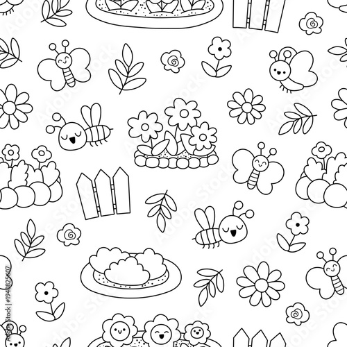 Vector black and white spring garden seamless pattern. Cute line farm repeat background with flower bed, insects, fence, plants. Nature digital paper, coloring page. Spring or summer texture