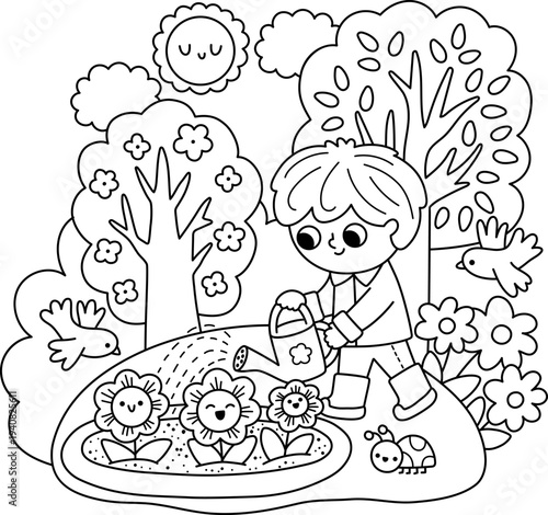 Spring garden black and white illustration with boy watering flower on flowery meadow. Vector country line house, farm concept. Kid doing gardening work icon. Child clipart, coloring page