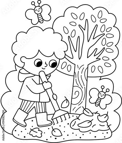 Spring garden black and white illustration with boy raking the fallen leaves. Vector line country house, farm concept. Cute kid doing gardening work, cleaning yard icon. Child clipart, coloring page