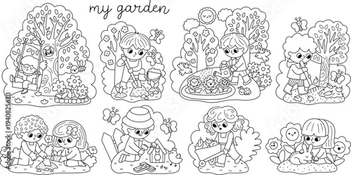 Spring black and white garden illustration set with children doing gardening works. Vector line country house, farm concepts collection. Coloring page with kids planting tree, raking, watering plant