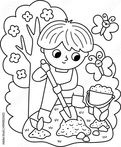 Spring garden black and white illustration with boy digging ground with spade. Vector country house, farm concept. Line kid doing gardening work, planting tree icon. Child clipart, coloring page
