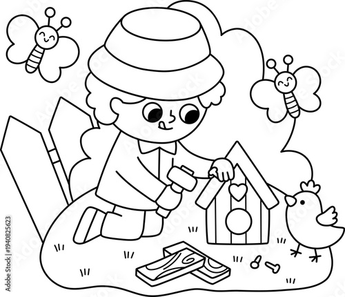 Spring garden black and white illustration with boy building wooden birdhouse with hammer. Vector country house, farm concept. Line kid doing gardening work icon. Child clipart, coloring page