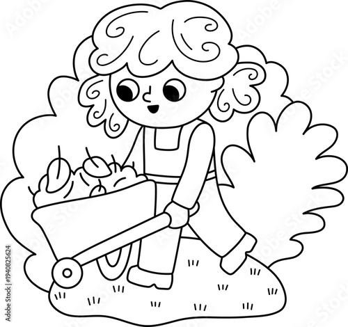 Spring garden black and white illustration with girl pushing wheelbarrow with leaves and foliage. Vector country house, farm concept. Line kid doing gardening work icon. Child clipart, coloring page