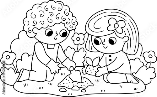 Spring garden black and white illustration with boy and girl planting seed. Vector country house, farm concept. Line kid doing gardening work icon. Child clipart, coloring page
