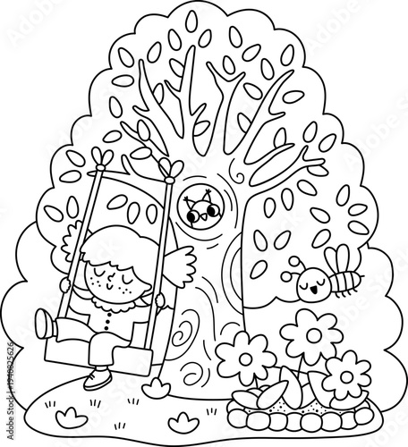 Spring garden black and white illustration with girl swinging on tree with owl in hollow. Vector country house, farm concept. Cute line kid doing gardening holidays icon. Child clipart, coloring page