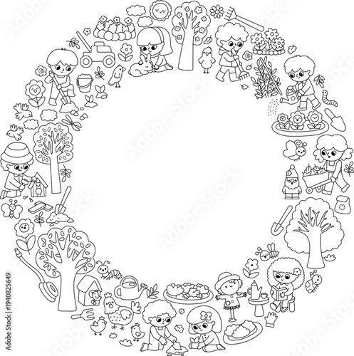 Vector black and white garden round border frame with greenhouse, children doing gardening work. Card template design, coloring page. Line spring illustration with kids working in yard