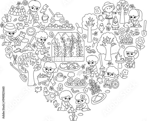 Vector black and white garden heart shaped frame with greenhouse, children doing gardening works. Card template design, coloring page. Line spring illustration with kids working in yard