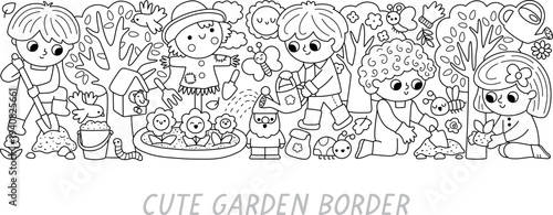Vector black and white garden horizontal border set with children doing gardening works. Card template design, coloring page. Spring line illustration with kids raking, watering plants