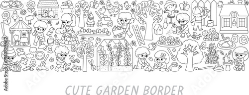 Vector black and white garden horizontal border set with greenhouse, children doing gardening works. Card template design, coloring page. Spring line illustration with kids working in yard