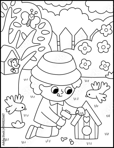 Spring garden black and white vertical landscape. Rural nature line scene with boy building wooden birdhouse. Vector farm background, coloring page. Cute kid doing gardening work illustration