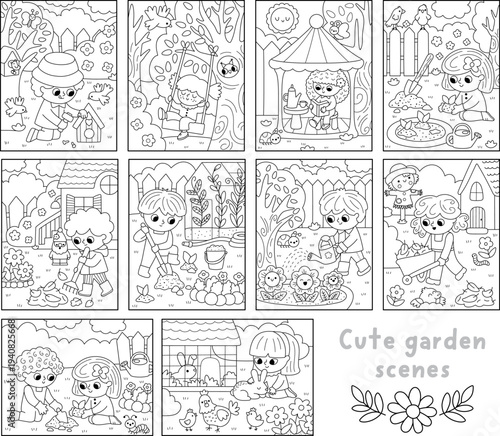 Spring garden black and white landscapes set. Rural nature scenes collection with kids doing gardening works. Vector farm backgrounds. Cute line pack with children planting, watering plants, cleaning