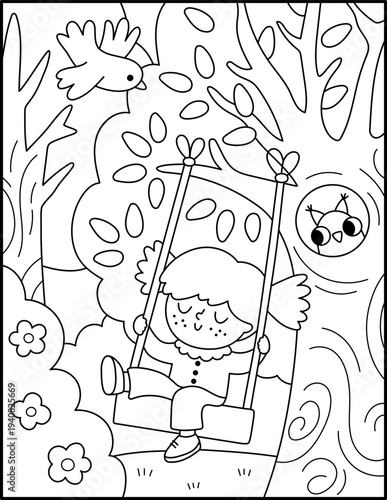 Spring garden black and white vertical landscape. Rural nature line scene with girl swinging on tree with owl in hollow. Vector country house, farm background, coloring page. Cute kid on holidays