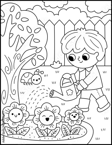Spring garden black and white vertical scene. Rural village landscape with boy watering the flowers on flowery meadow. Vector line farm background illustration with kid doing gardening work