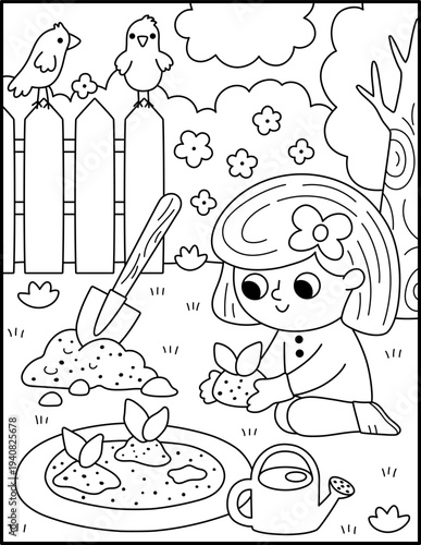 Spring garden black and white vertical scene with girl planting a seed. Vector country house, farm landscape. Rural line nature background illustration with kid doing gardening work