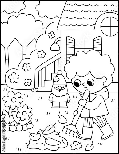 Spring garden black and white vertical landscape. Rural nature line scene with boy raking the fallen leaves. Vector country house, farm background illustration with kid doing gardening work
