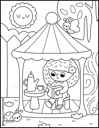 Spring garden black and white vertical landscape. Rural nature scene with girl reading book in gazebo. Vector line country house, farm background, coloring page. Kid drinking tea in pavilion