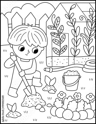 Spring garden black and white vertical landscape. Rural nature line scene with boy digging the ground with spade. Vector country house, farm background. Cute kid doing gardening work
