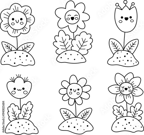 Vector smiling kawaii flowers set. Black and white garden blooming plant on ground collection. Cute park florals clipart pack. Growing greenery with leaves. Line spring illustration, coloring page