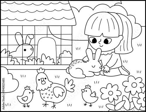 Spring garden black and white horizontal scene with girl caressing rabbit. Vector country house, farm landscape. Rural nature line background, coloring page with cute kid and bunny