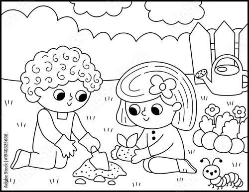 Spring black and white garden horizontal scene with boy and girl planting a seed. Vector line country house, farm landscape. Rural nature background illustration with kid doing gardening work