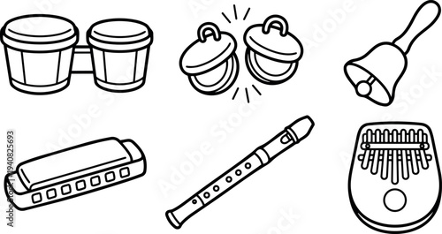 Hand drawn line art vector set of small percussion and wind instruments including bongos jingles bell harmonica recorder kalimba icons