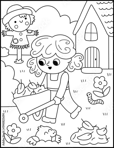Spring garden black and white vertical scene. Rural nature line landscape with girl pushing wheelbarrow with leaves and foliage. Vector farm background illustration with kid doing gardening work