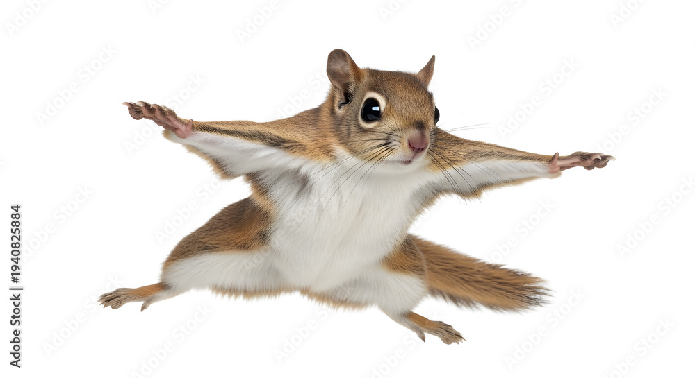 Obraz premium Flying squirrel gliding in mid-air, southern flying squirrel with patagium wings extended, isolated rodent on white background