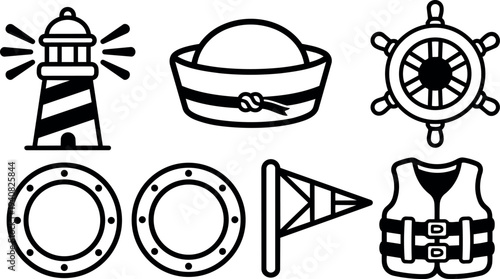 Line art nautical icon set close up of lighthouse sailor hat ship wheel portholes pennant and life jacket in black white