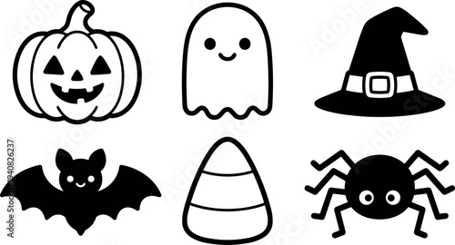 Flat vector line art halloween icon set close up smiling ghost pumpkin witch hat bat candy corn spider minimal black white