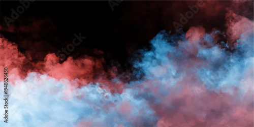 Abstract a cloud of vapor, in a high-angle view, swirling with hues of cyan and crimson, floats gently, creating a captivating visual effect.
