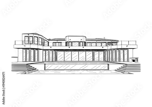 Modern Horizontal Office Building Architectural Sketch Vector
