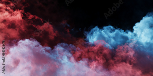 Abstract a breathtaking view of dramatic clouds painted in hues of red and blue, swirling and contrasting against a dark sky, evoking a sense of awe and wonder.