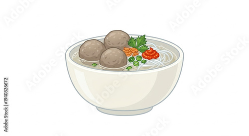Vector illustration of Indonesian meatball soup or Bakso in a bowl isolated