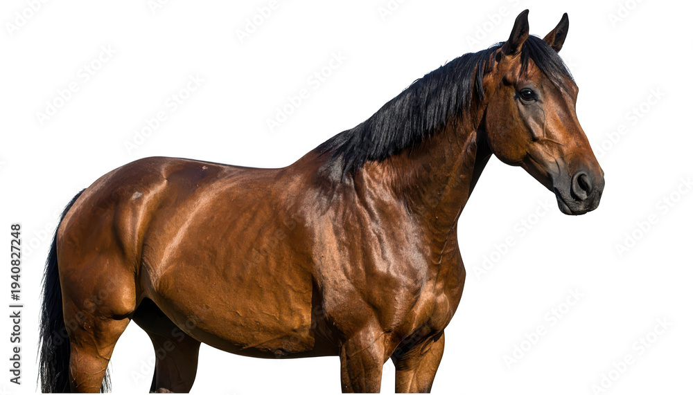 Fototapeta premium Brown horse with black mane and tail standing isolated on a transparent background 1