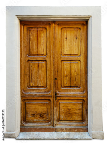 Bild auf Leinwand Vintage double-leaf entrance door made of solid wood, with rectangular embossed