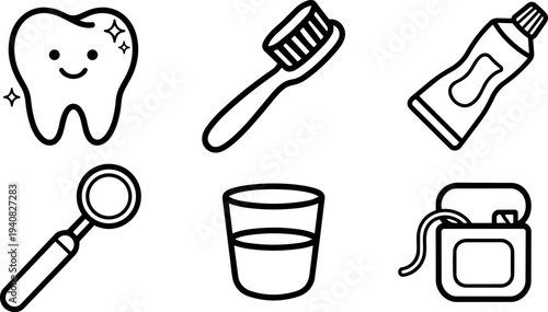 Line art dental icon set showing smiling tooth, toothbrush angled close up, toothpaste tube, mirror, rinsing cup and black outline floss