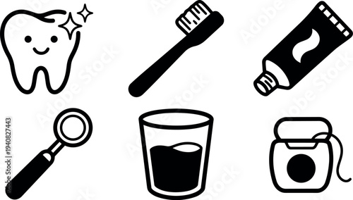Minimalist line art dental icons set close up smiling tooth with sparkles toothbrush toothpaste mirror glass mouthwash floss set black vector