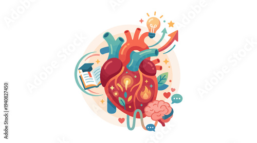 Vibrant Flat Vector Illustration of Human Heart Symbolizing Health and Wellness