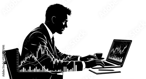 Businessman Analyzing Financial Charts on Laptop, Silhouette Style