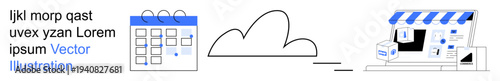 Workflow automation, cloud storage, online scheduling, e-commerce management, digital transformation, retail operations. A calendar connects with cloud storage and a storefront. Workflow automation